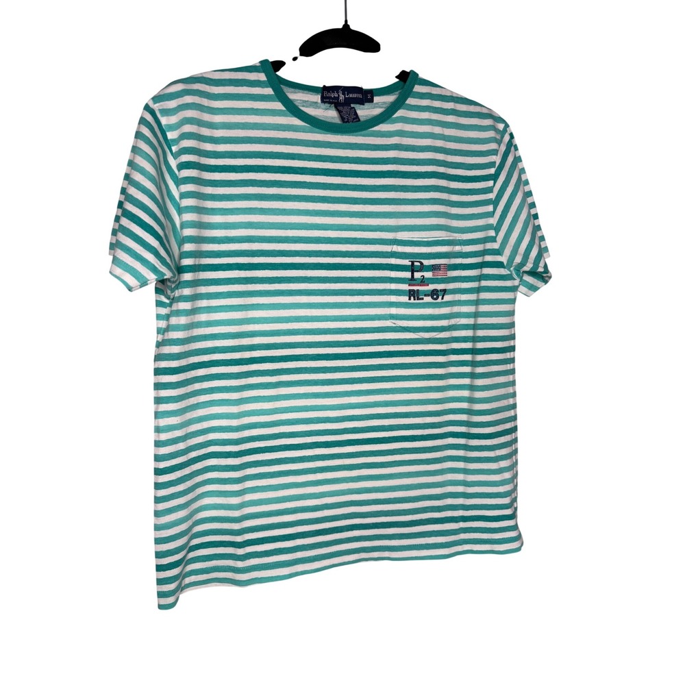 Vintage retro Ralph Lauren green striped RL-67 short sleeve graphic t-shirt